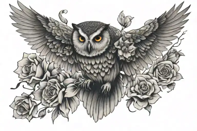 Owl Flying With Flowers Coming