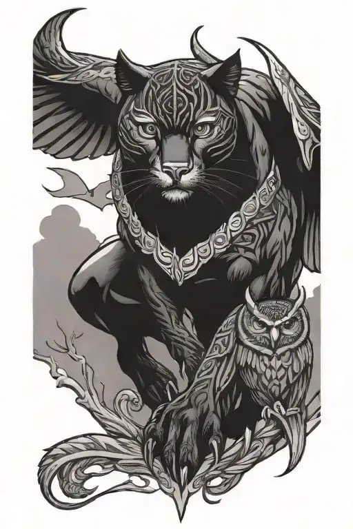 Black Panther And An Owl Flying