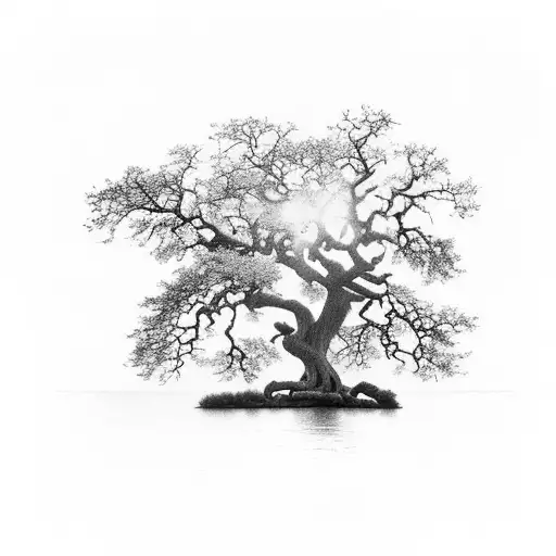 A Majestic Oak Tree Standing Tall In The Middle Of A Serene Lake