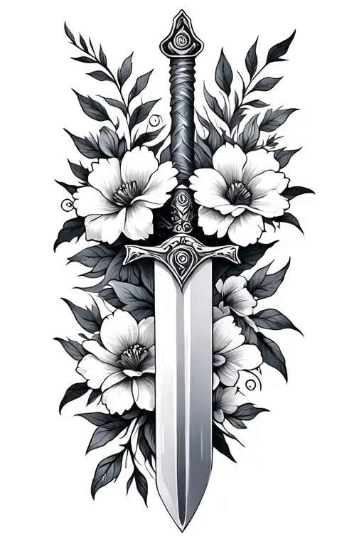Sword Tattoo Design Incorporating Flowers