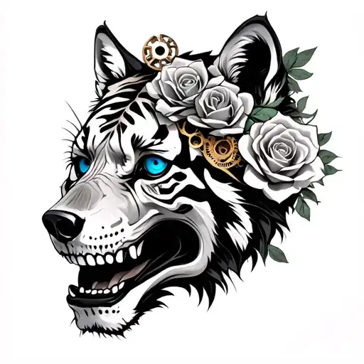 Skull Roses Tigers Wolves Clockwork Mechanism Blue Eyes