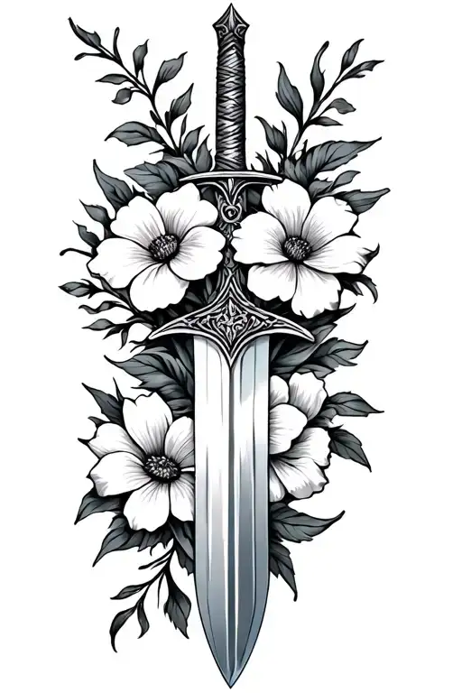 Sword Tattoo Design Incorporating Flowers