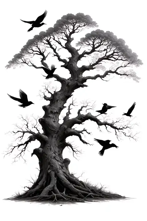 Tree With Crows Flying Away