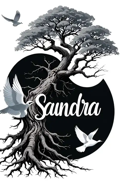 Dry Tree With Roots And Branches With Doves Flying And The Name Sandra In Cursive
