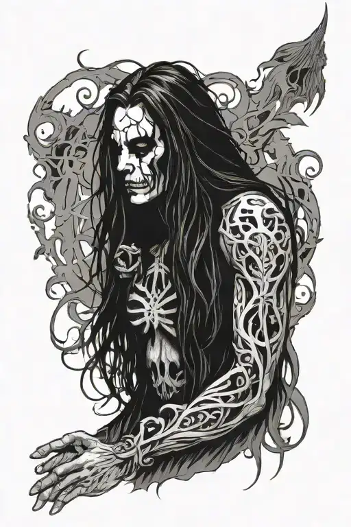 Black Metal Guy With Long Black Hair Covering His Body In A Gothic Minimalist Style