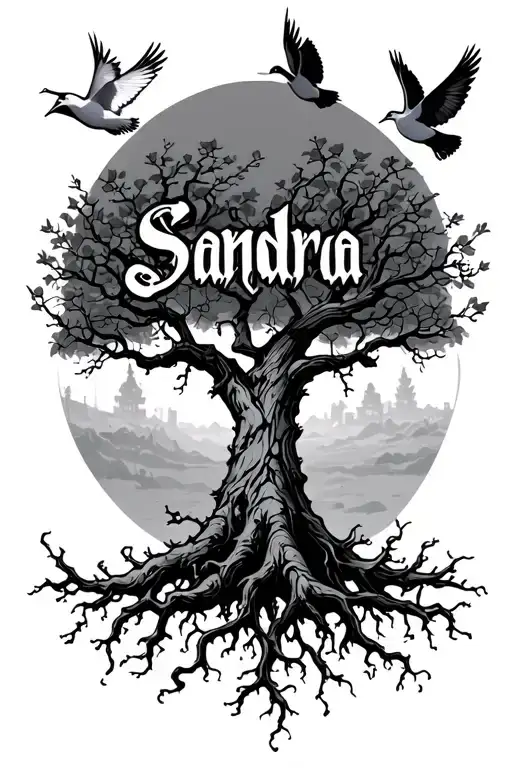 Poison Tree With Roots And Branches With Doves Flying And The Name Sandra In Cursive