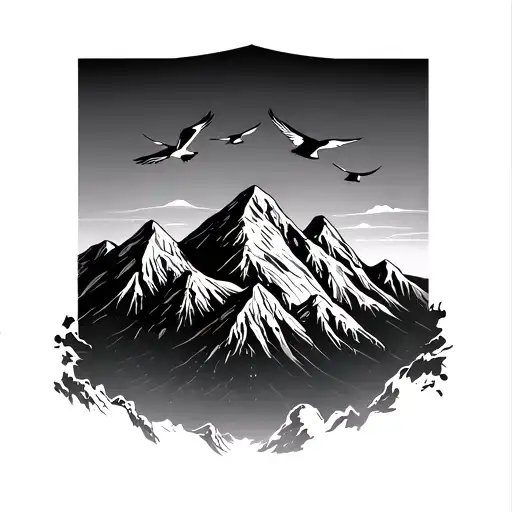 Mountain Range With 6 Birds Flying To A Sunset Scene