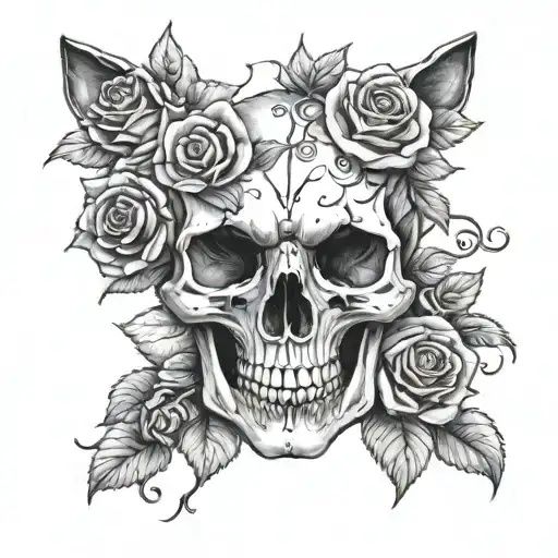 Cat Skull And Roses Intertwined
