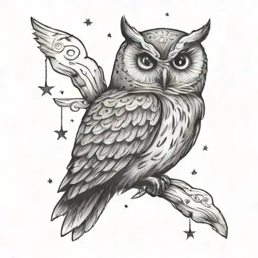 Cute Owl Looking Up At The Stars With A La Perchoine Written In Script Below