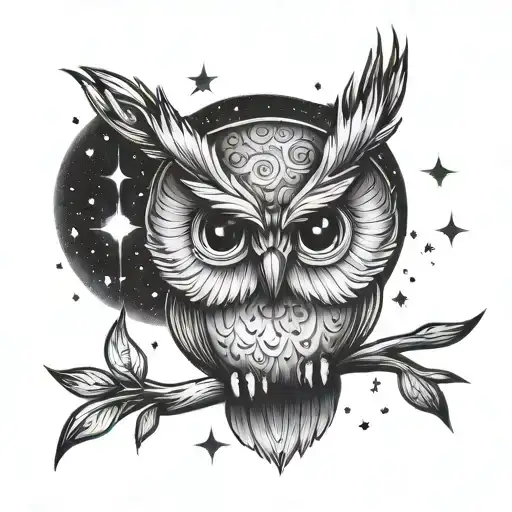 Cute Owl Looking Up At The Stars With A La Perchoine Written In Script Below