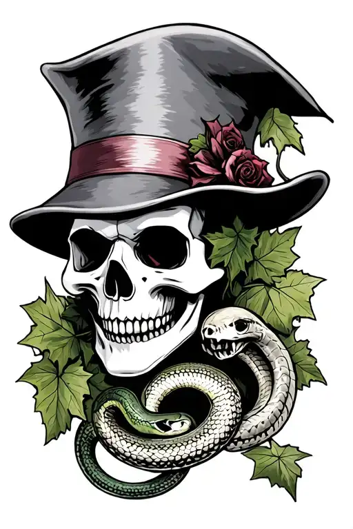 Skull With Joker Hat And A Snake And Vineyard Leaves