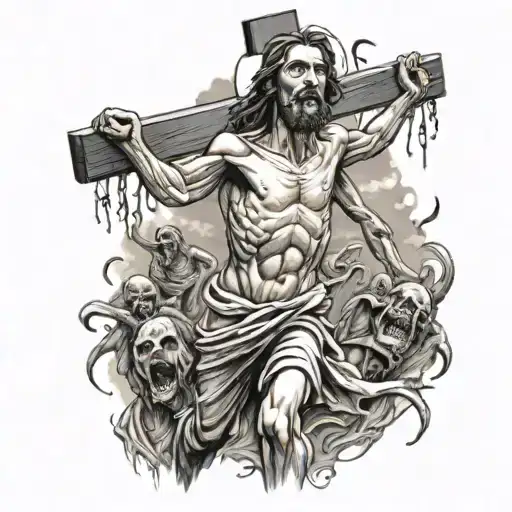 Jesus On A Cross With Zombies Walking Towards Him