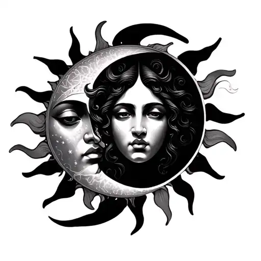 Alternative Vintage Sun And Moon Faces Tattoo Greek Inspired Realistic