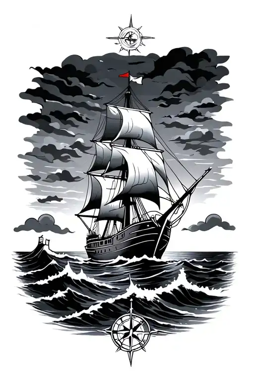 Ship At Sea With Sunset And Compass