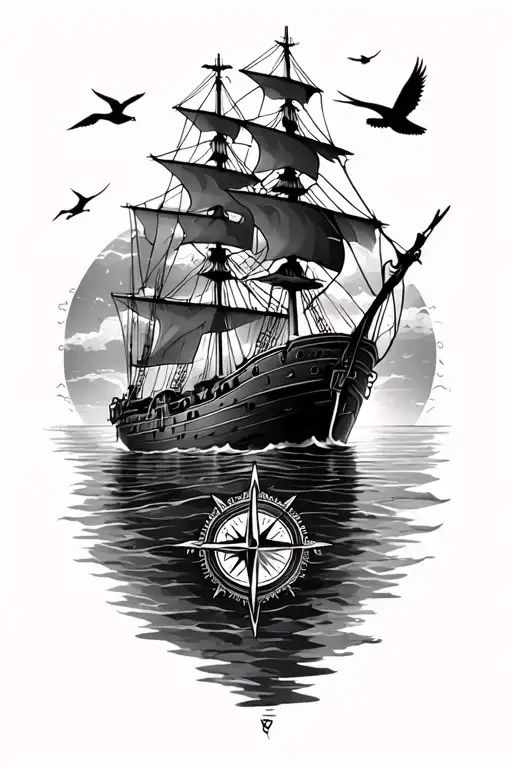 Ship In The Sea With Sunset And Birds And A Compass