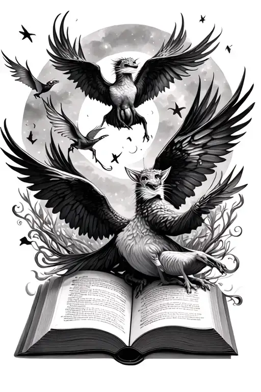 Open Book Surrounded By Magical Creatures Flying Out