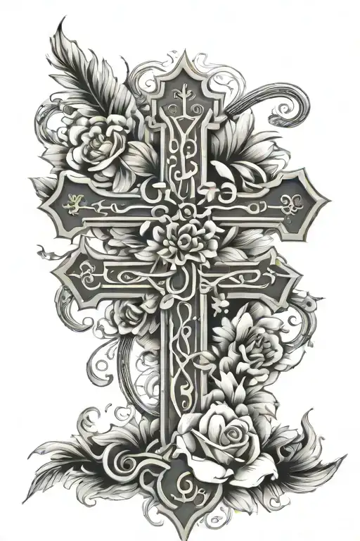 Cross With Roman Numerals And Flowers Behind It