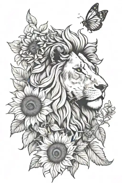 Lion Head And Sunflowers