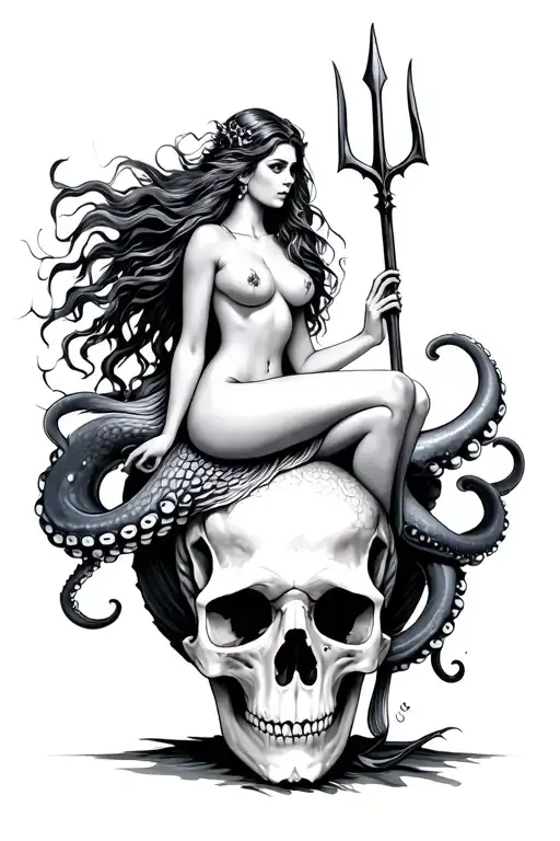 A Siren Mermaid Sitting On An Octopus Skull Holding A Trident