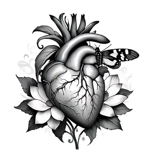 Anatomical Heart With Lotus Flowers And Moth