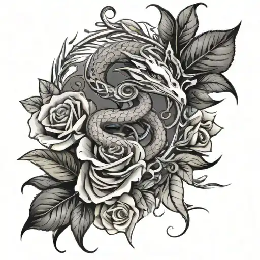 Vines And Roses Wrapped With A Snake And Mockingjay Bird
