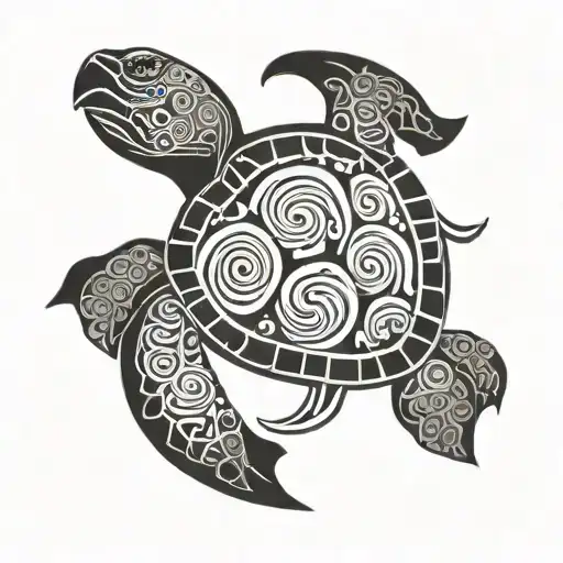 Polynesian Turtle And Waves Flowing