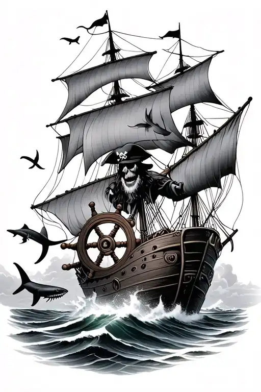 Pirate Holding Ships Wheel In Lifhtening Storm And Sharks