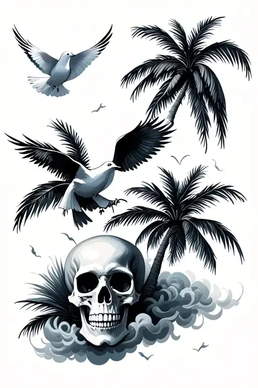 Palm Trees Clouds Skull Dove Flying