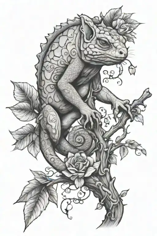 One Cameleon Klimbing A Rosepetal Tree Branch