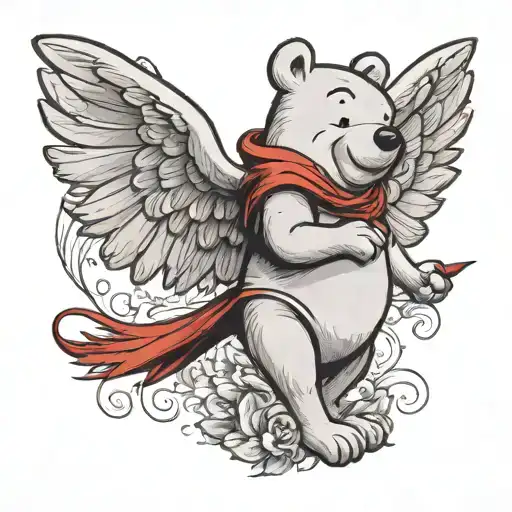 Winnie The Pooh Standing With Angel Wings Holding A Red Cardinal