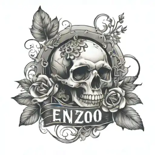 Word Enzo With Skulls And Flowers And Trees Inside It