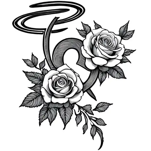 A Line Work Gemini Symbol With Dainty Roses Intertwined & A Halo