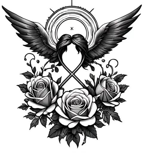 A Dainty Line Work Gemini Astrology Symbol With Dainty Roses Intertwined & A Halo