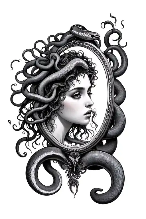 Medusa With Snakes Looking Into Mirror At Her Self