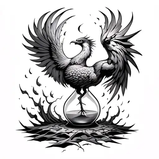 Tattoos Of A Phoenix Which Frees Itself From A Broken Hourglass