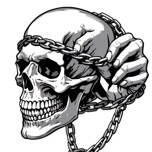 Skull With A Chain Wrapped Around Its Head And A Skull Hand Holding The Chain At The Top