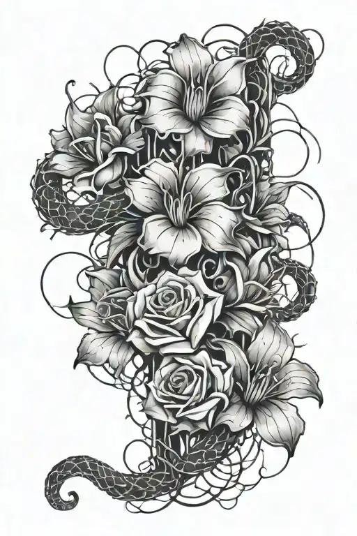 Flowers With Blood Splatter With Barb Wire And A Snake Hidden In The Flowers