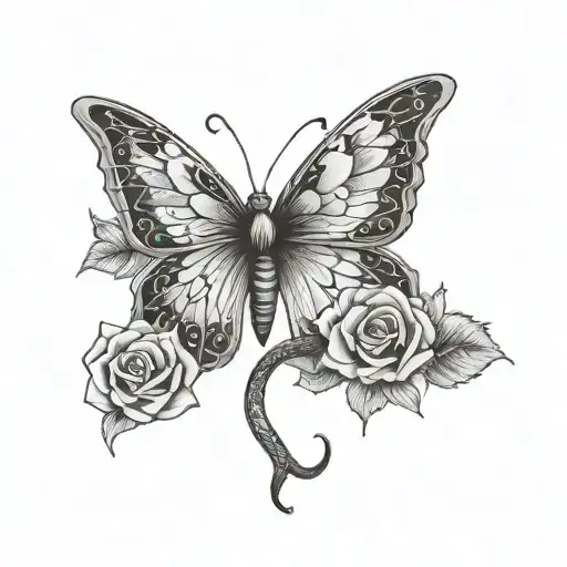 Butterfly Wings With Rose And Snake