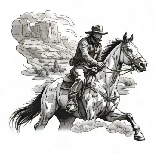 A Realistic Portrait Of A Cowboy From Red Dead Redemption Riding A Horse In A Scenic Nature Setting