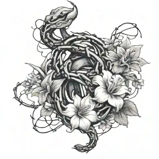 A Lot Of Flowers With Barb Wire Around Them And One Snake Hidden In The Flowers
