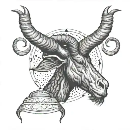A Dotwork Tattoo Of A Capricorn Symbol Surrounded By Praying Hands To Showcase Faith And Zodiac Sign