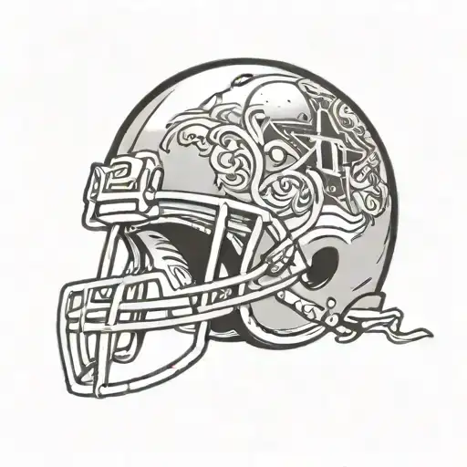 A Black-grey Tattoo Of A Football Helmet Adorned With Religious Symbols To Represent Faith In Sports