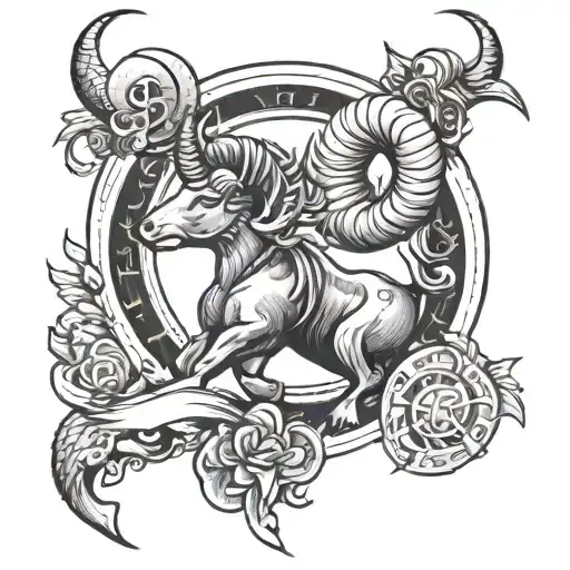 A Black-grey Tattoo Of A Capricorn Adorned With Religious Symbols To Represent Faith In Sports
