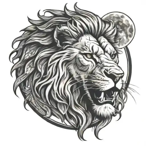 Aggressive Lion With Moon Rising