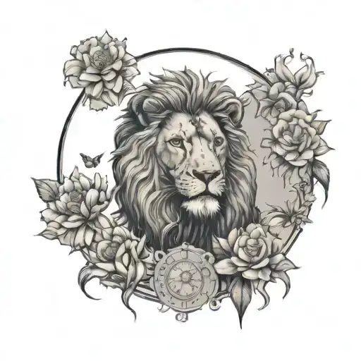 Vitruvian Man Changed With A Lion Suroounded By A Circle Made With Almond Flowers