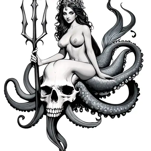 A Siren Mermaid Sitting On An Octopus Skull Hybrid Holding A Trident