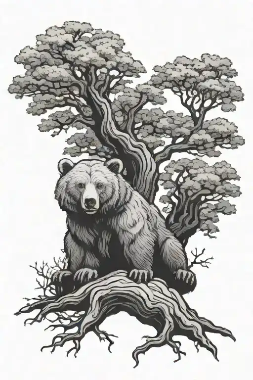 Oak Tree And Bear Sitting