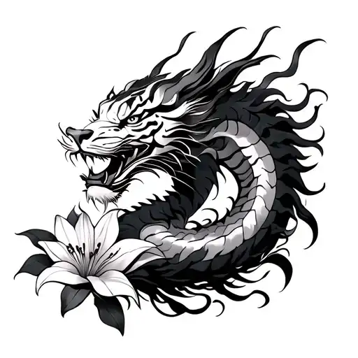 Chinese Dragon With Tiger Lilys Surrounding