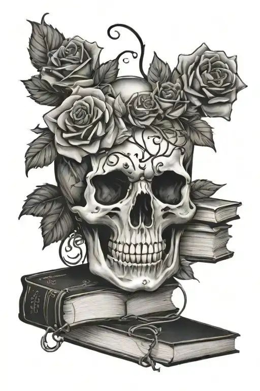 Books W Skull On Top Surrounded By Roses And Vines