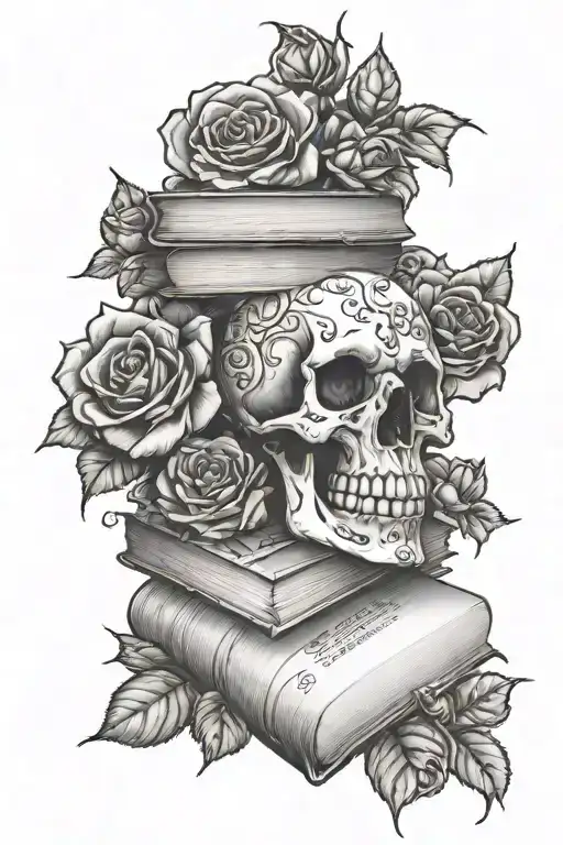 Stack Of Books With Skull On Top Surrounded By Roses And Vines